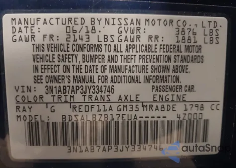 2018 Nissan Sentra S from USA, damaged, VIN 3N1AB7AP3JY334746